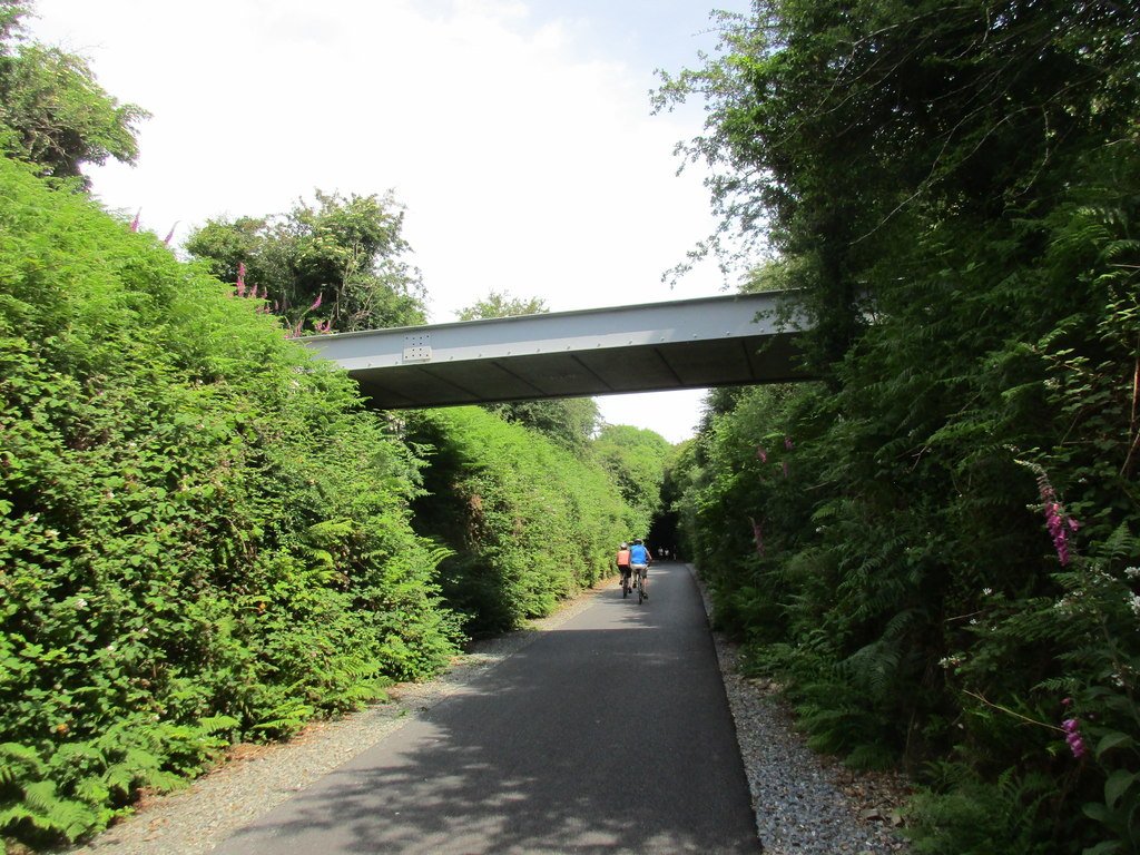 Cyclists on the paved Waterford Greenway passing under a steel railway bridge