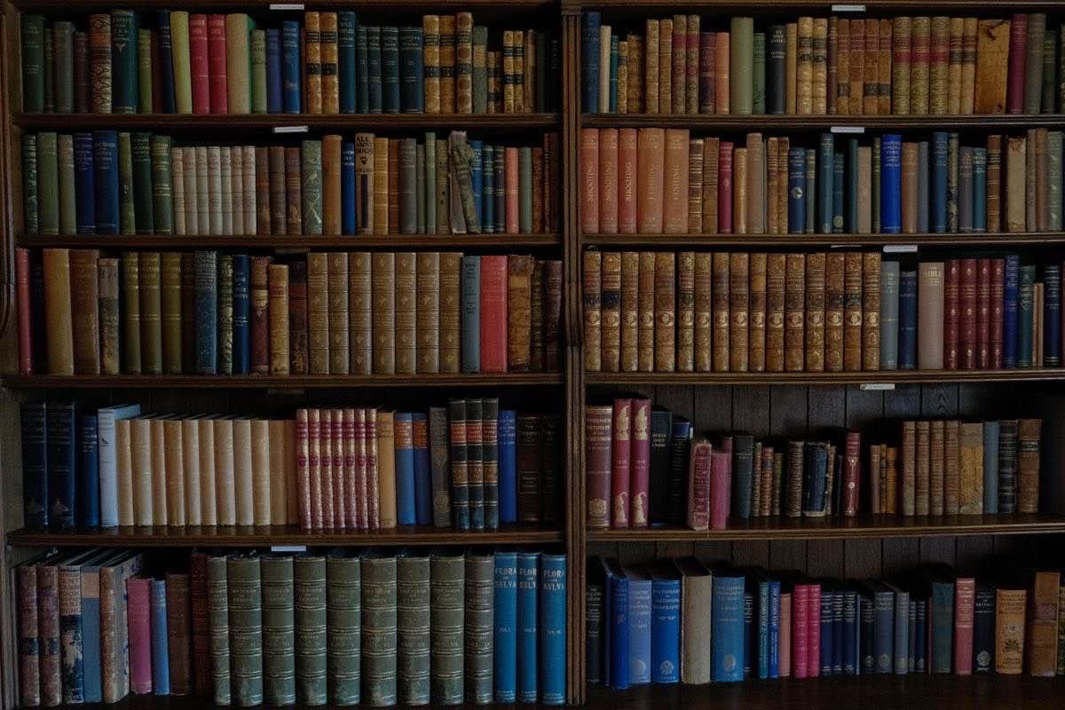 Wall of old leather-bound books on wooden shelves
