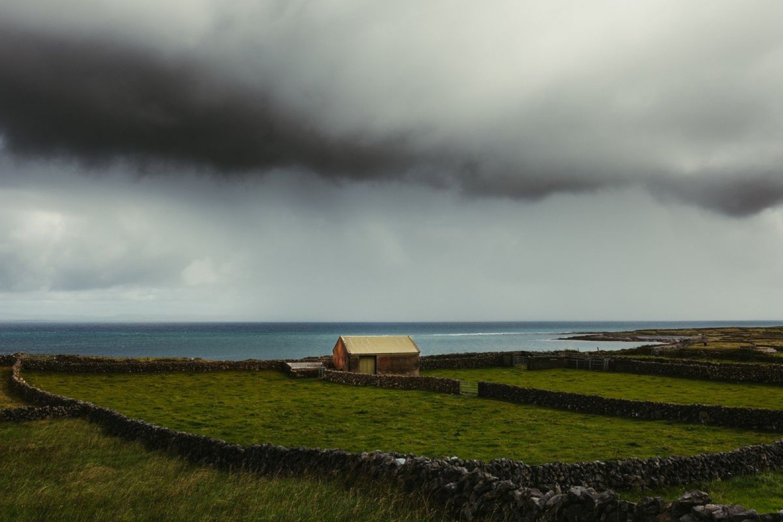 Aran Islands landscape of green fields divided by dry-stone walls above the Atlantic