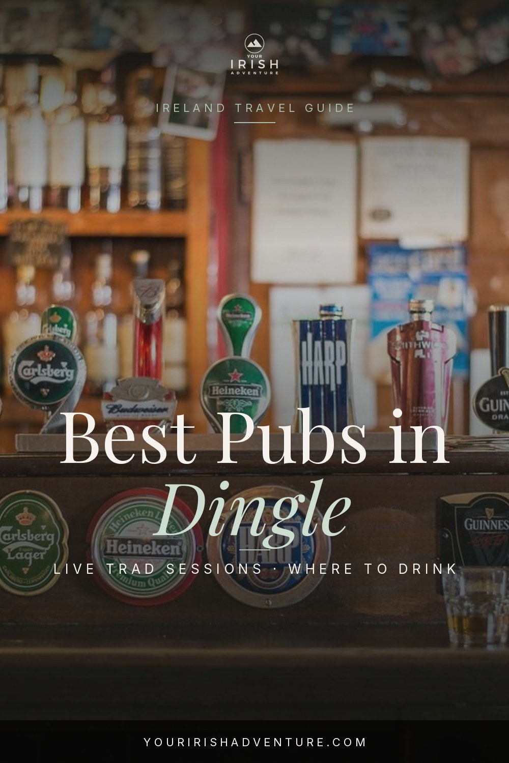 Traditional pub front on a Dingle town street in County Kerry Ireland with musicians playing inside