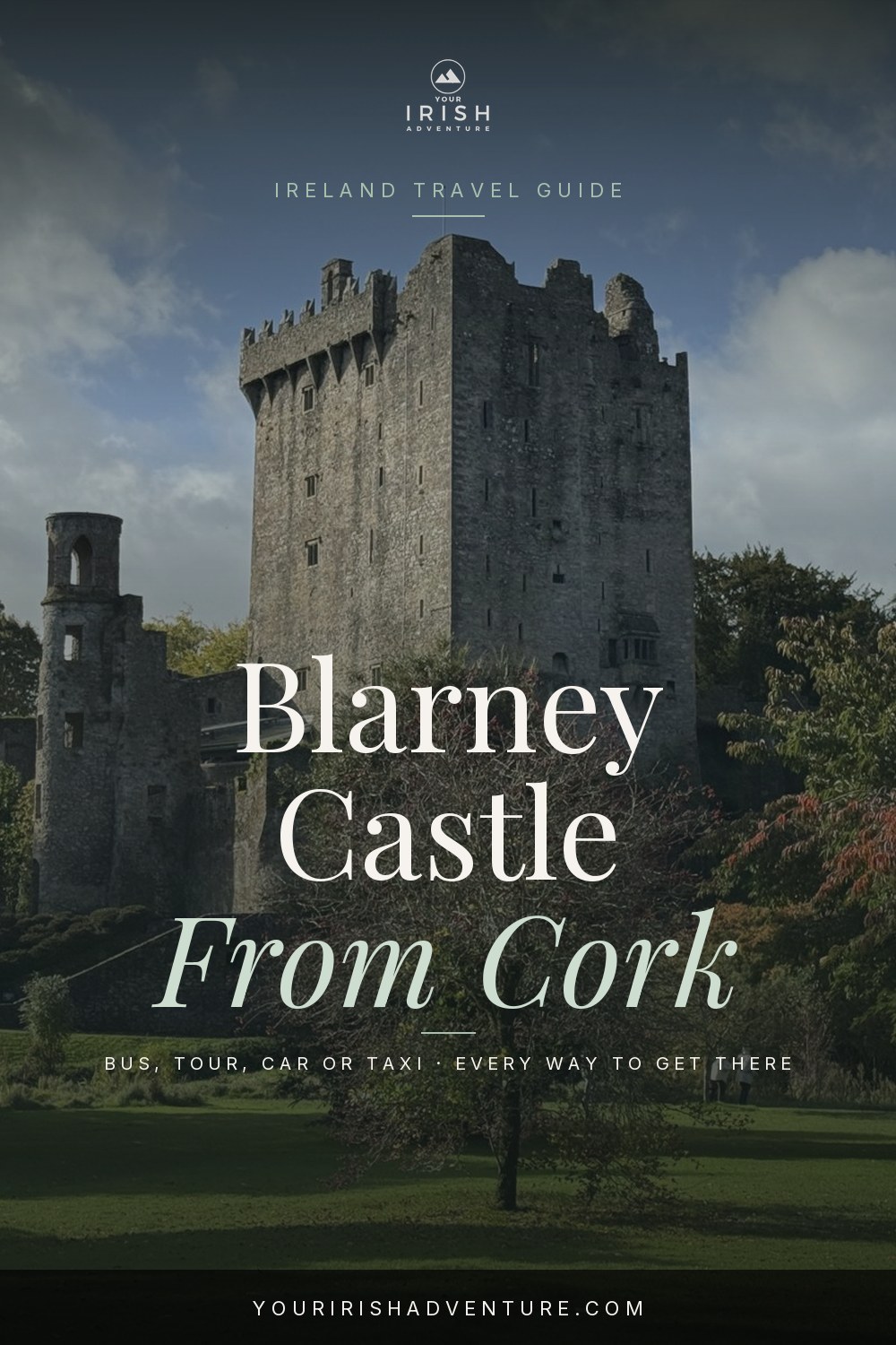 Blarney Castle and green grounds near Cork Ireland with a stone tower and gardens
