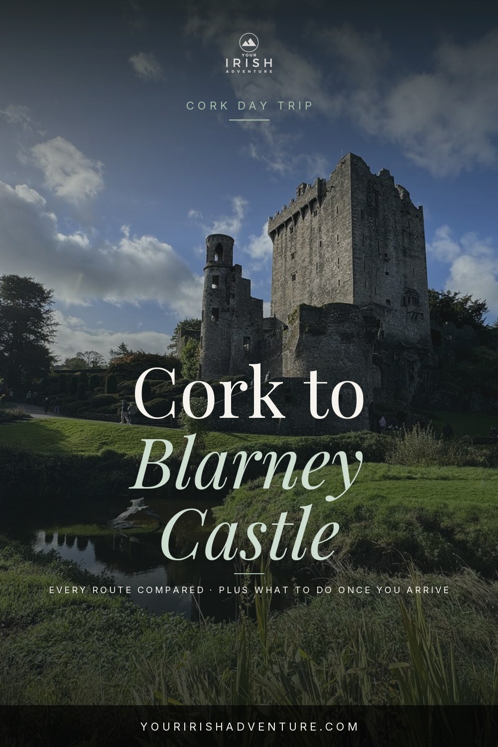 Stone Blarney Castle keep above the gardens on a day trip from Cork Ireland
