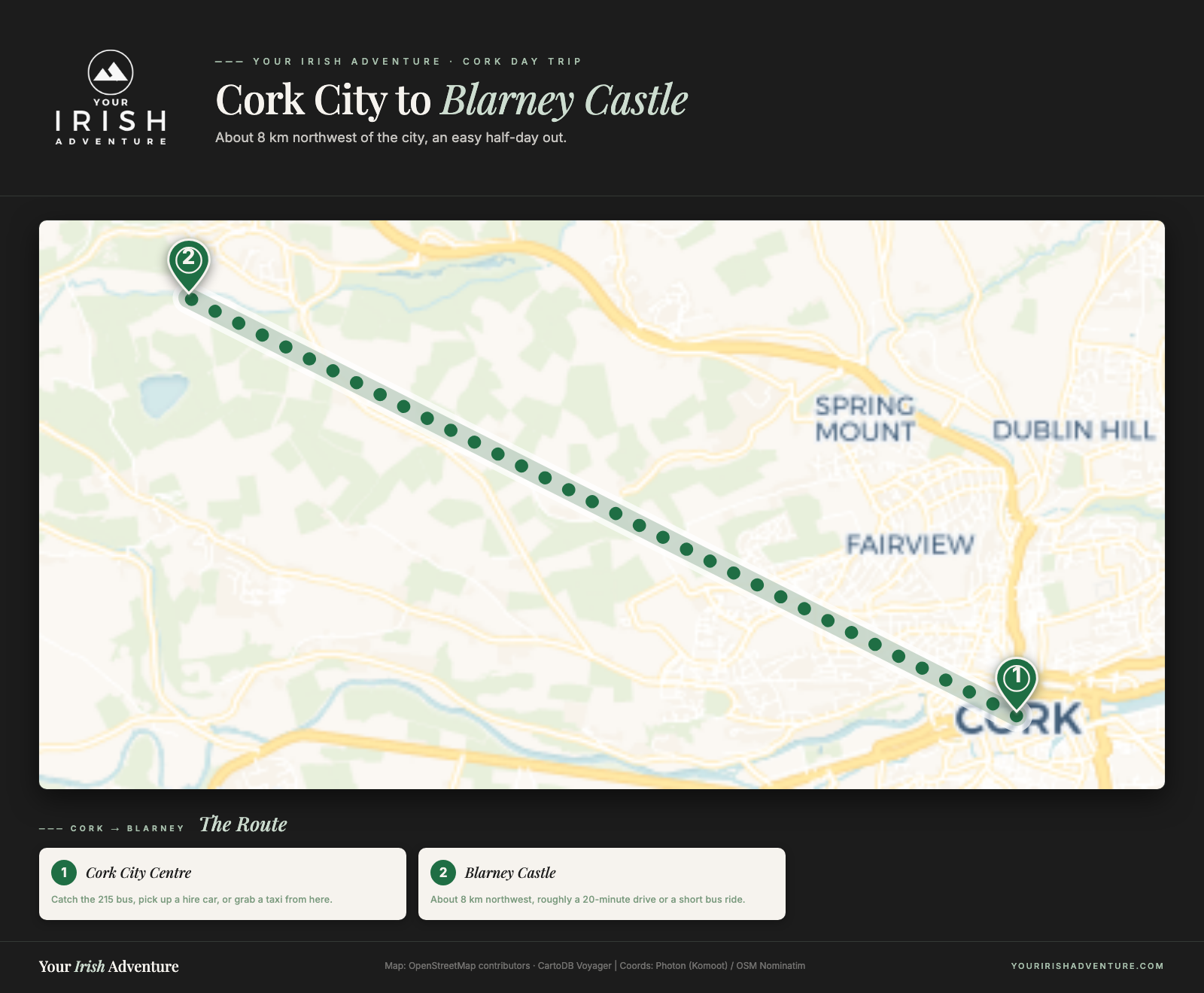 Map showing the route from Cork city centre to Blarney Castle, about 8 km northwest