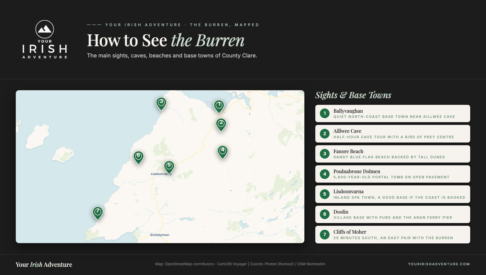 Map of the Burren showing Ballyvaughan, Doolin, Lisdoonvarna, Poulnabrone Dolmen, Aillwee Cave, Fanore Beach and the Cliffs of Moher