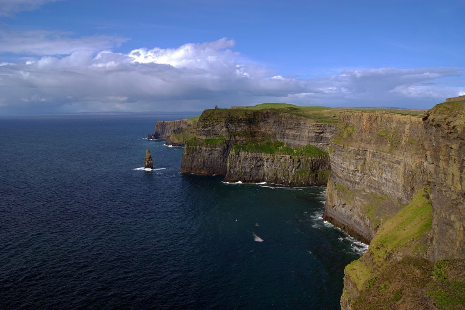 The full sweep of the Cliffs of Moher with the sea stack and deep blue Atlantic