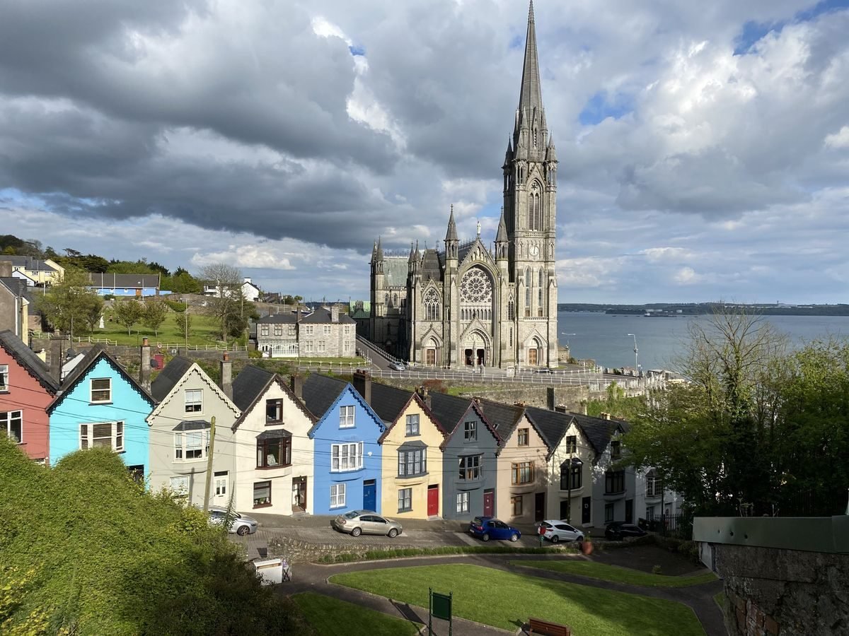 The Deck of Cards terraces with St. Colman's Cathedral spire behind in Cobh