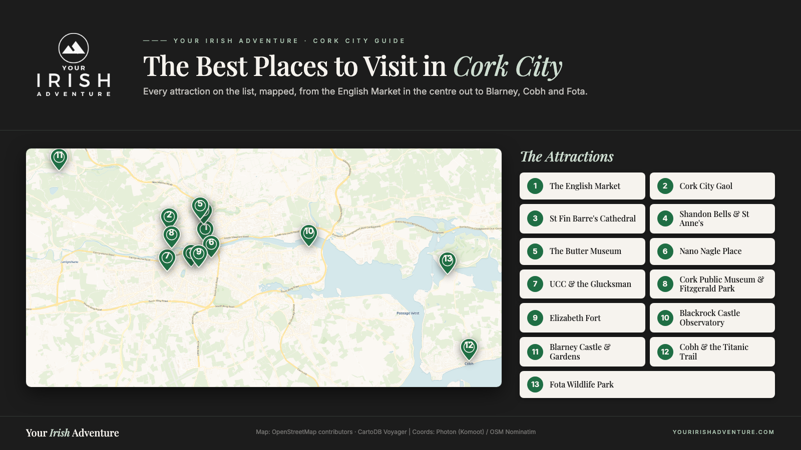 Map of Cork City showing the best places to visit, numbered pins from the English Market to Blarney, Cobh and Fota