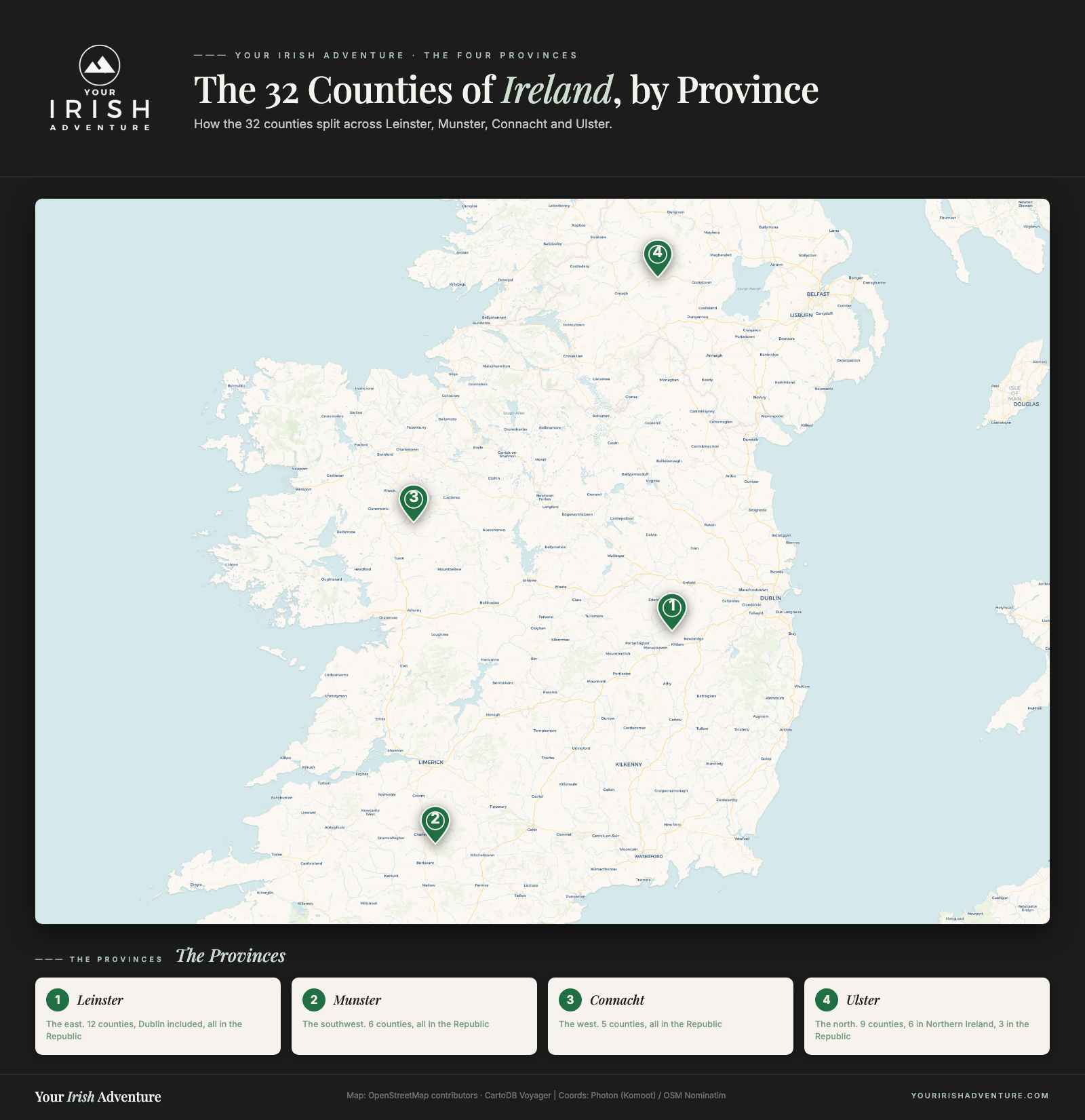 Map of Ireland showing the four provinces: Leinster, Munster, Connacht and Ulster, and how the 32 counties group across them