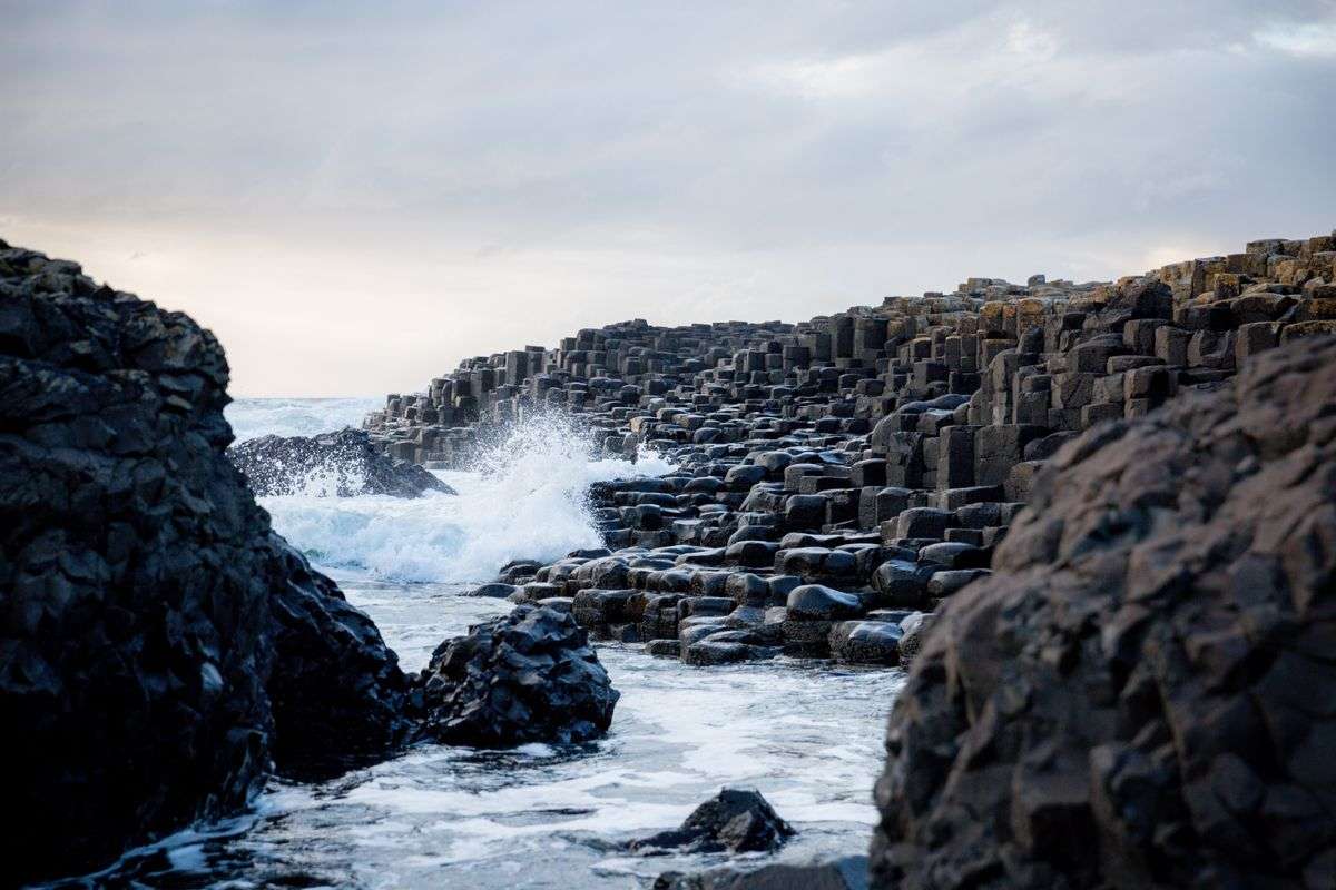 The hexagonal basalt columns of the Giant's Causeway on the Antrim coast, Ulster