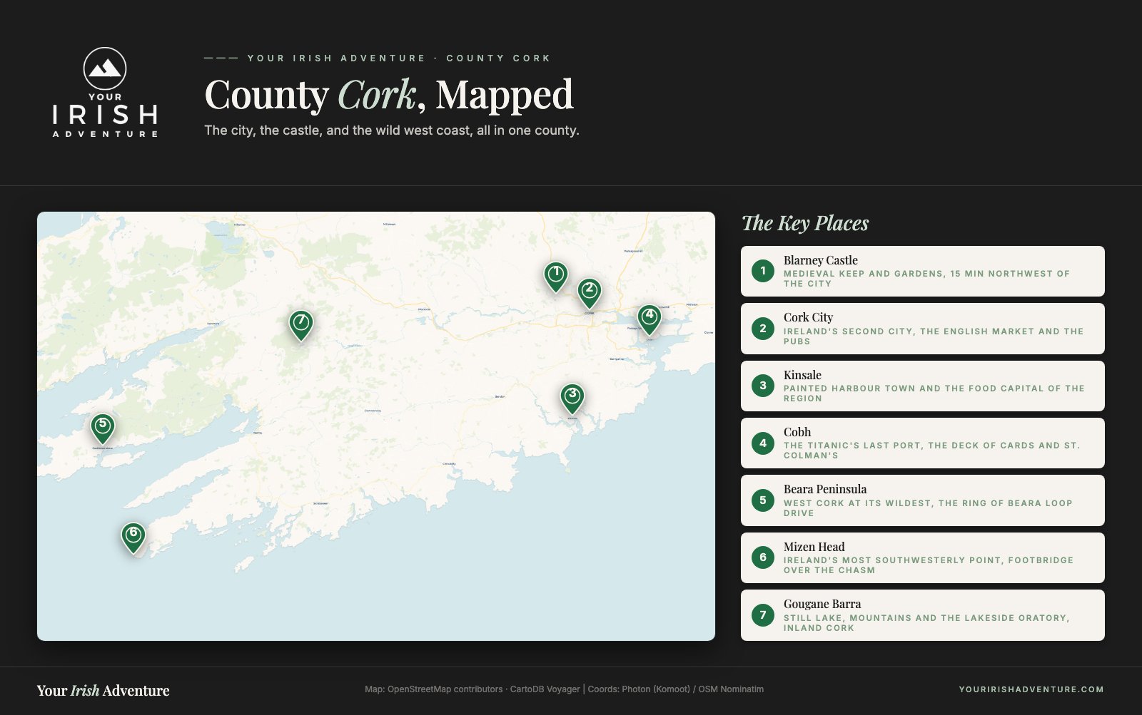 Map of County Cork showing Cork City, Blarney, Kinsale, Cobh, the Beara Peninsula, Mizen Head and Gougane Barra