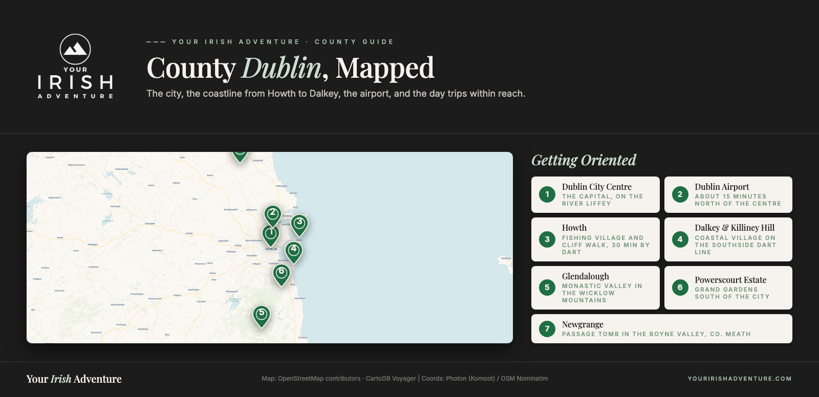 Map of County Dublin showing Dublin city, the airport, the coastline at Howth and Dalkey, and day trips to Glendalough, Powerscourt and Newgrange