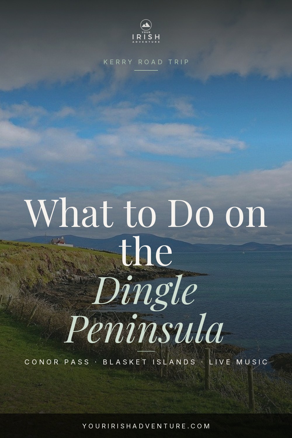 View from the Conor Pass over green valleys and the sea on the Dingle Peninsula Ireland