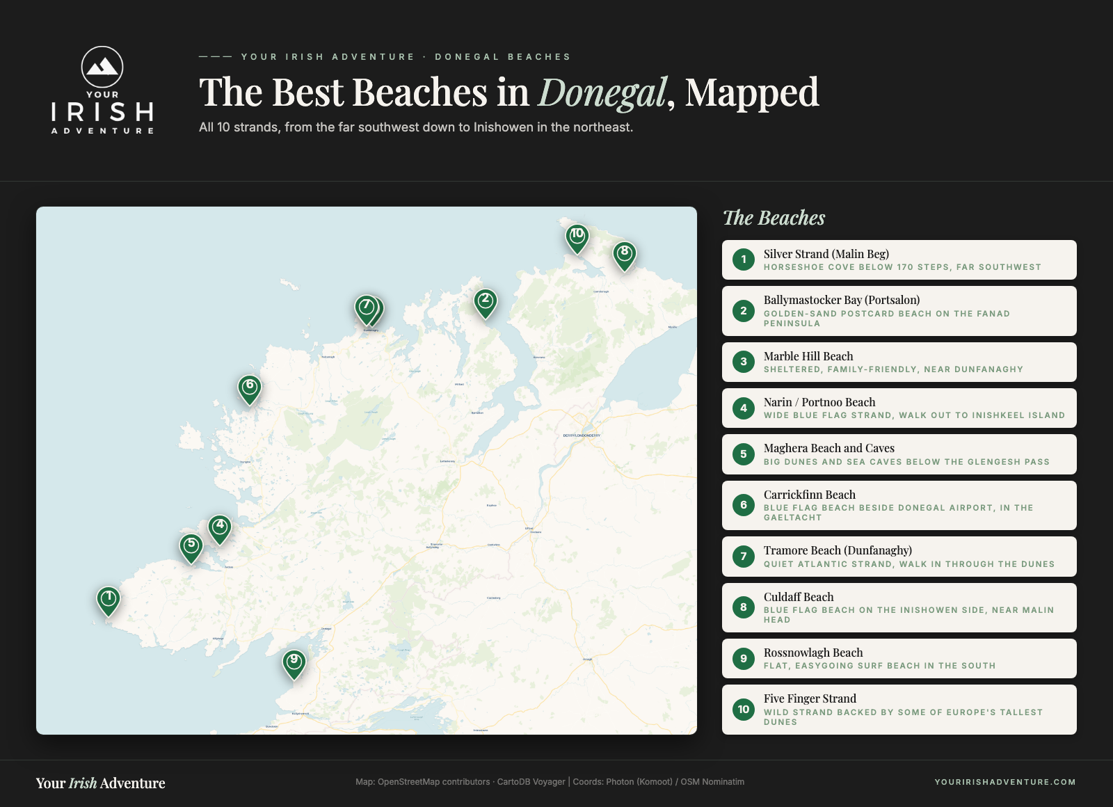 Map of County Donegal showing the 10 best beaches from Silver Strand to Five Finger Strand