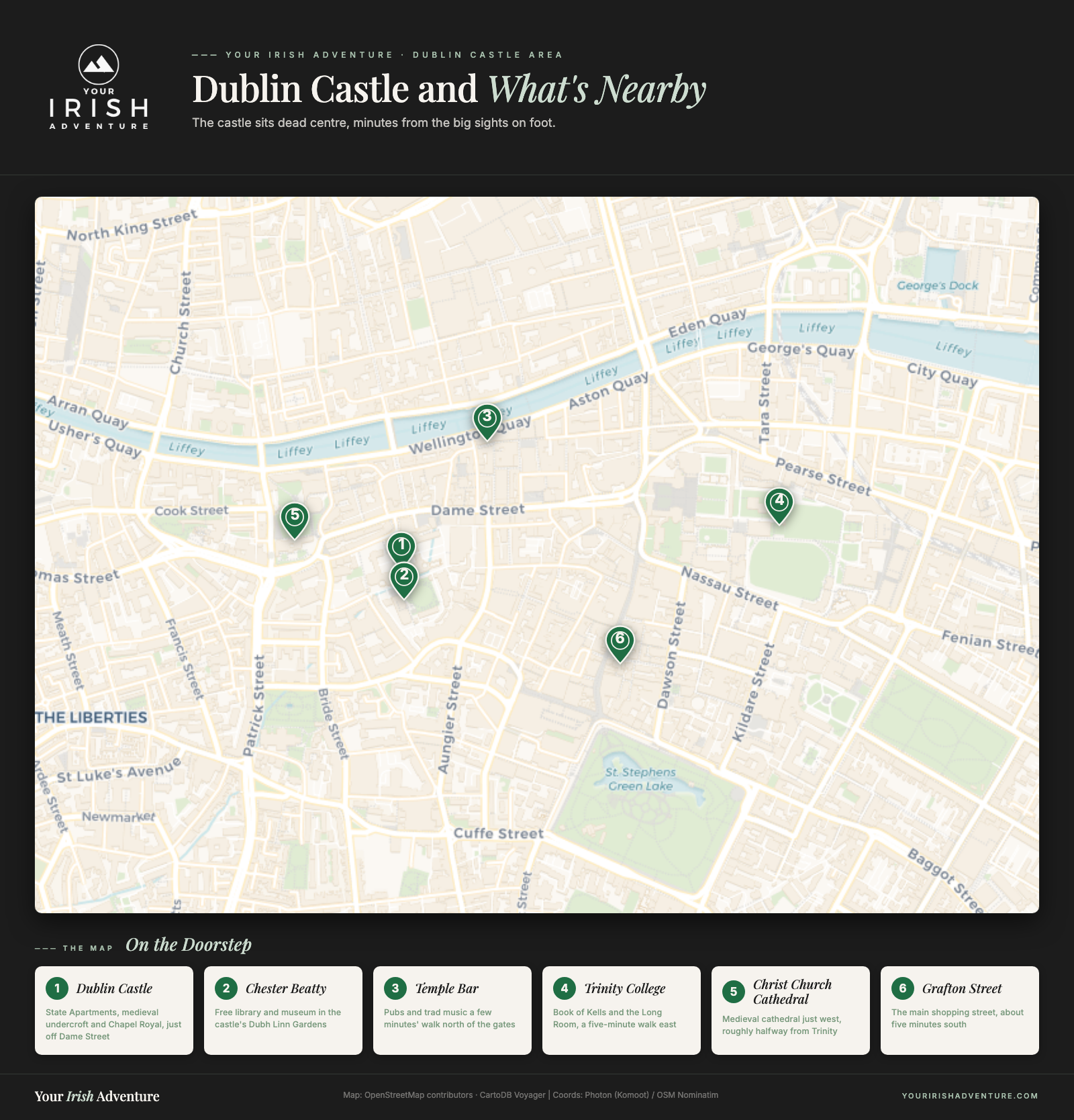Map showing Dublin Castle with Trinity College, Temple Bar, Christ Church Cathedral and Chester Beatty nearby