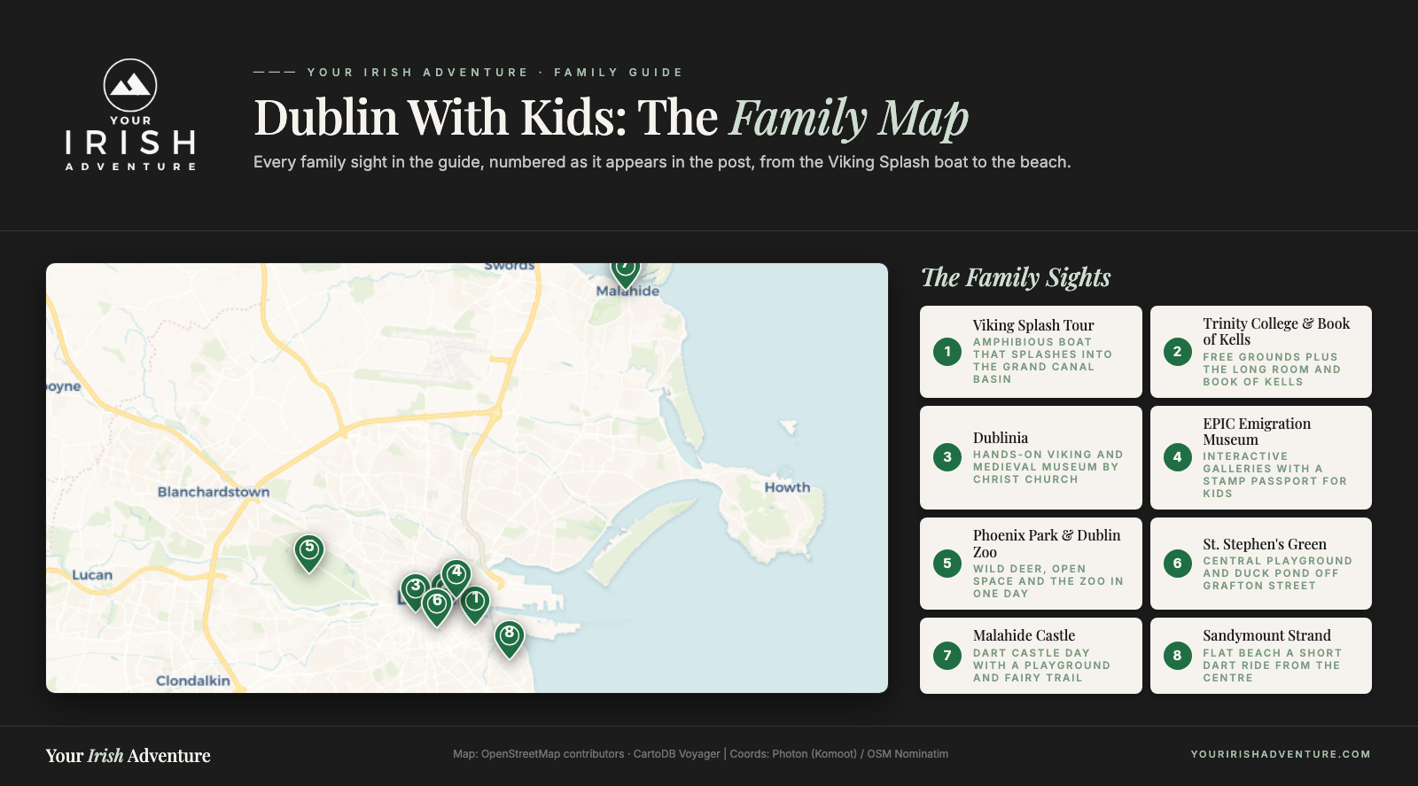 Map of Dublin showing the best family attractions from the post, numbered pins from the Viking Splash Tour to Sandymount Strand