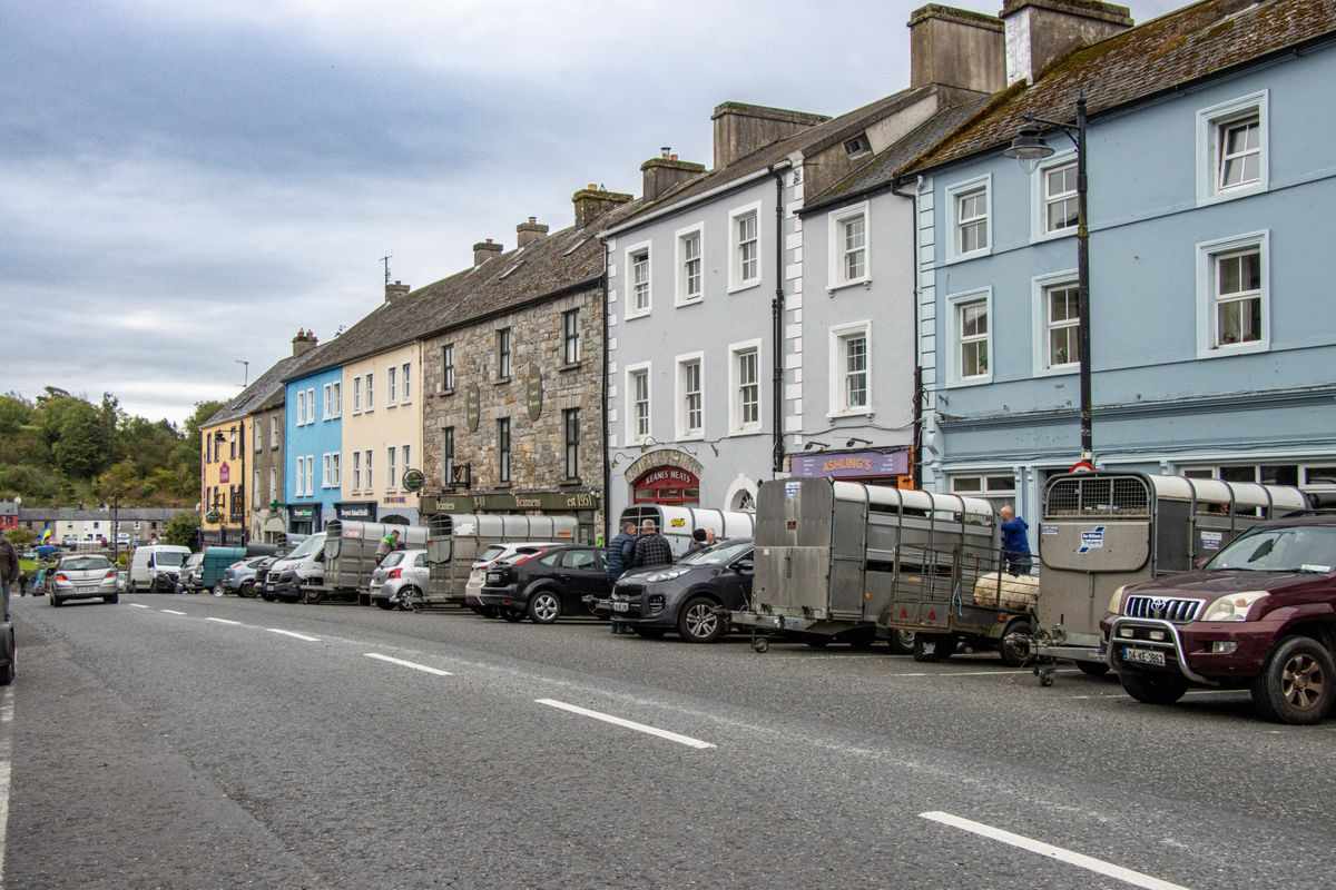 Colourful buildings along a working town street in County Clare