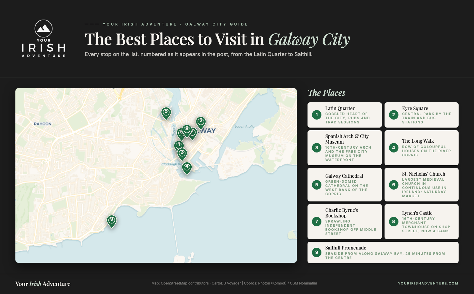 Map of Galway City showing the best places to visit from the post, numbered pins from the Latin Quarter to Salthill
