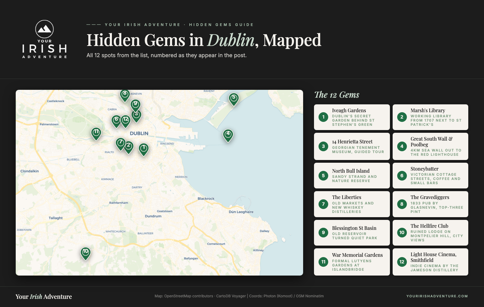 Map of Dublin showing 12 hidden-gem spots from the post, numbered pins from the Iveagh Gardens to the Light House Cinema in Smithfield
