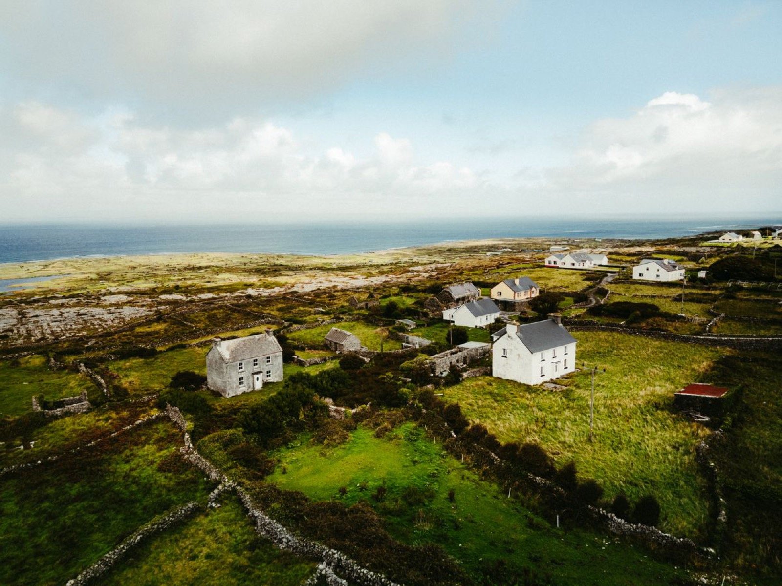 Whitewashed cottages among a patchwork of dry-stone-wall fields on Inishmaan