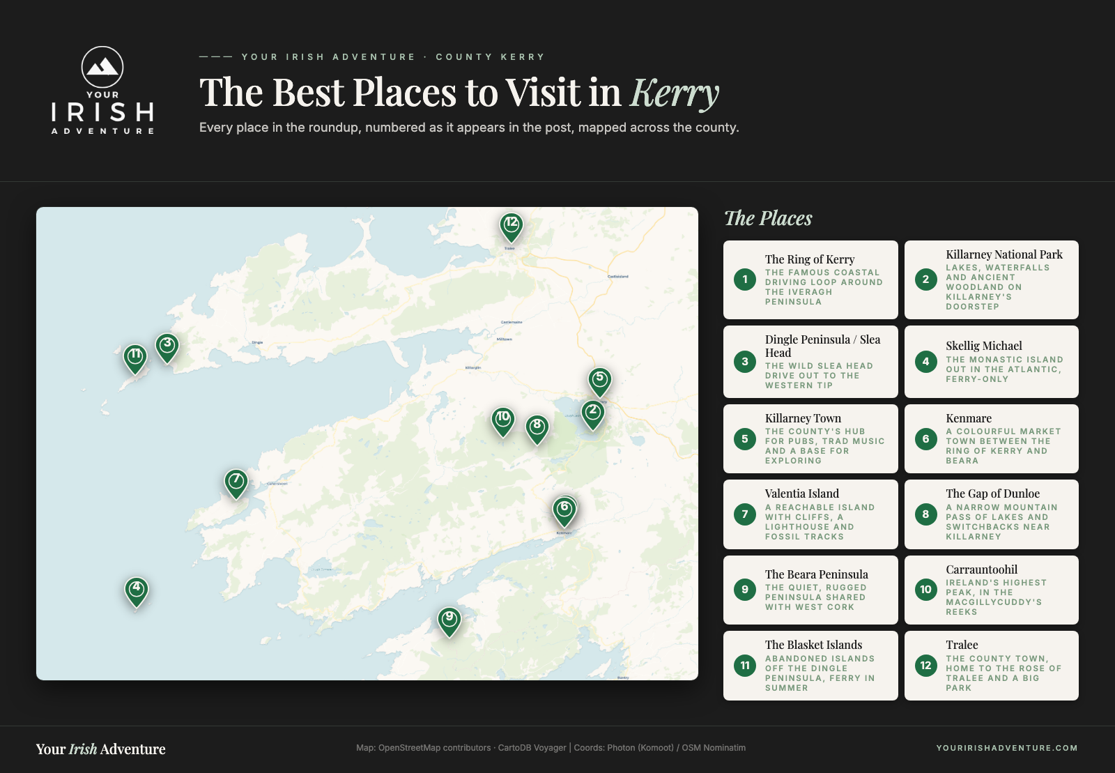 Map of County Kerry showing the 12 best places to visit from the post, numbered pins from the Ring of Kerry to Tralee