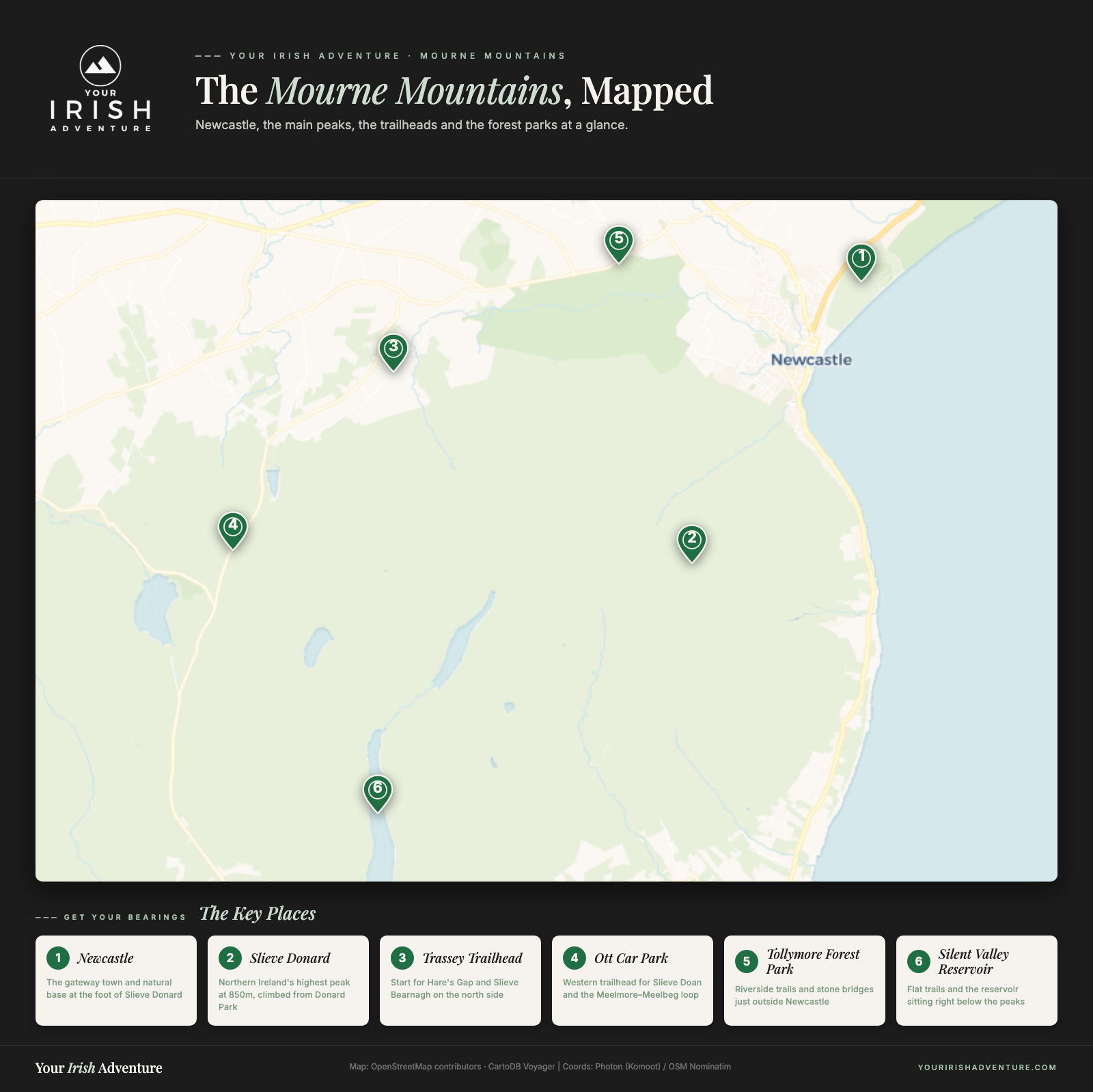 Mourne Mountains guide map of County Down showing Newcastle, the main peaks, trailheads and forest parks