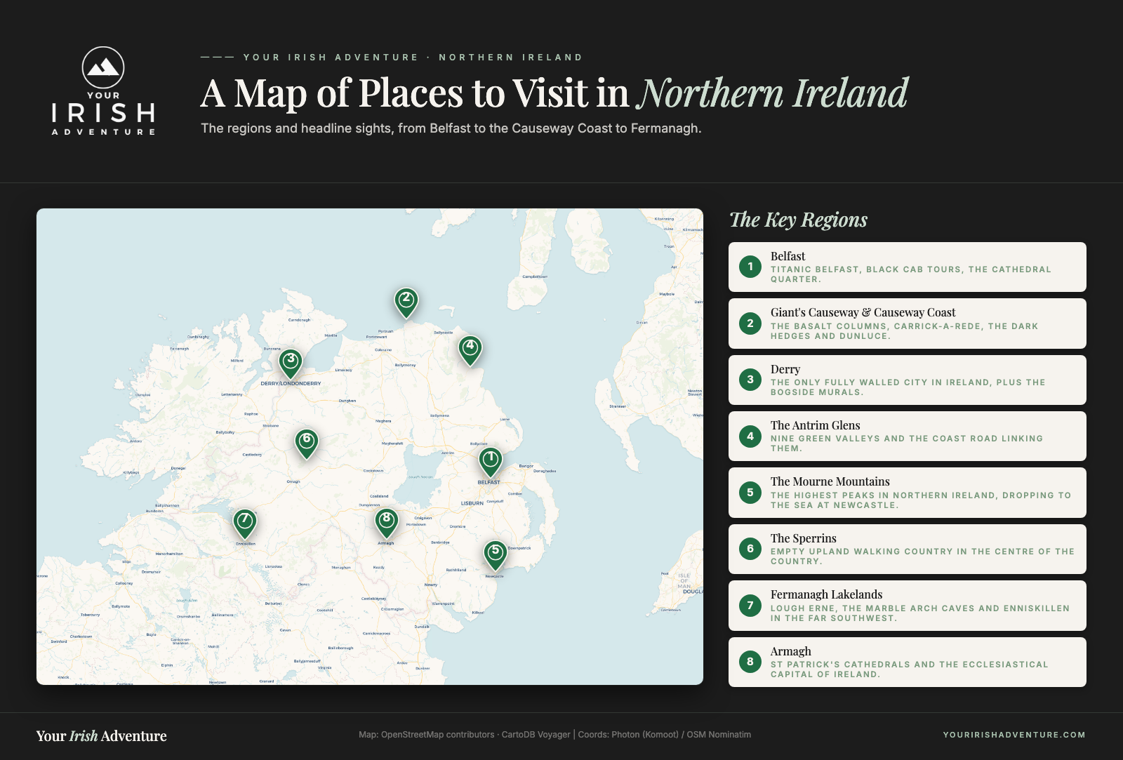 Map of Northern Ireland showing the main regions and attractions: Belfast, the Giant's Causeway and Causeway Coast, Derry, the Antrim Glens, the Mourne Mountains and the Fermanagh Lakelands