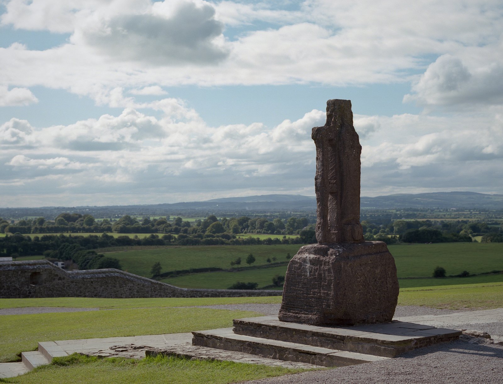 The replica of St Patricks Cross standing outside at the Rock of Cashel