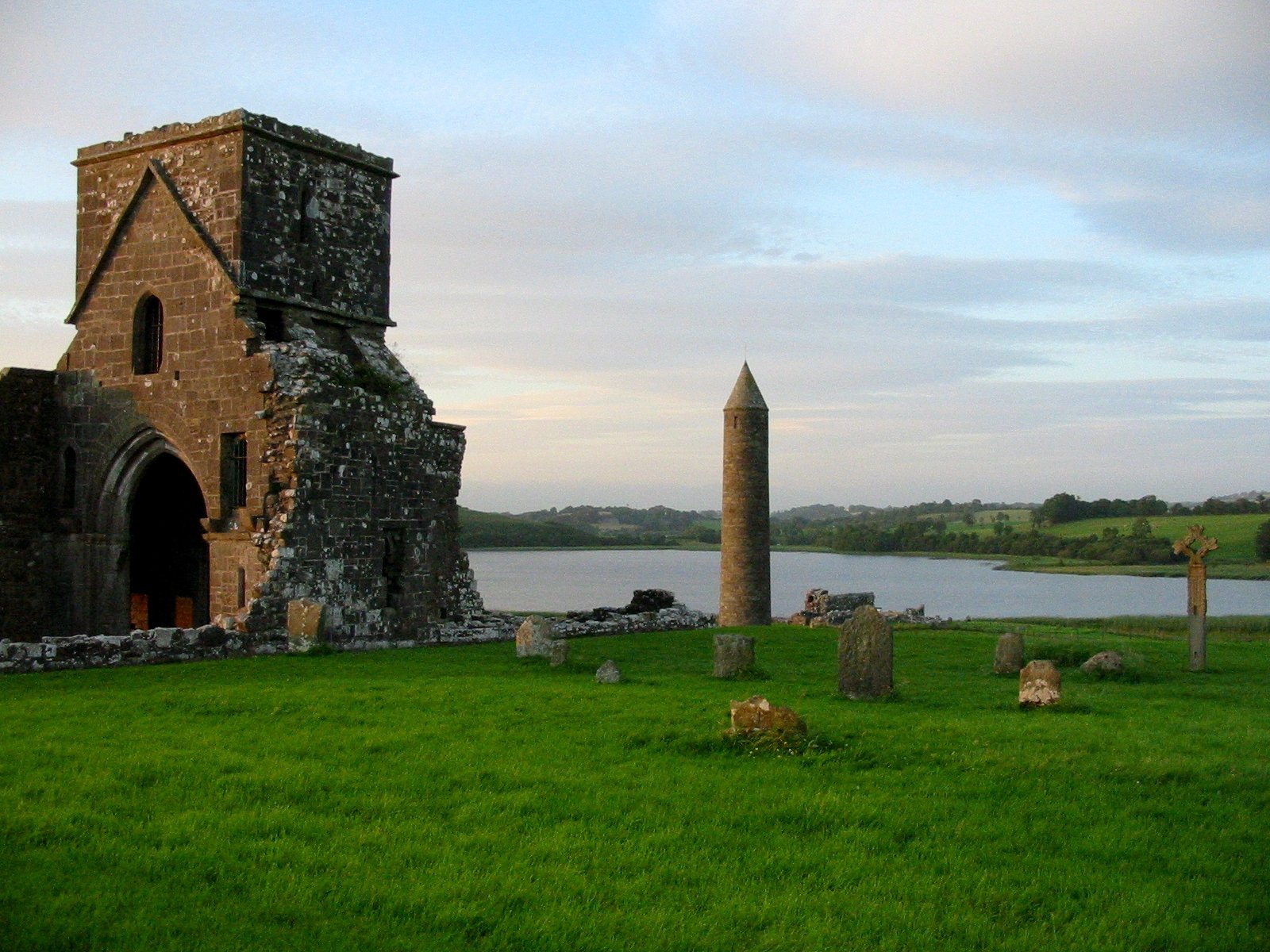 Round tower and abbey ruins on Devenish Island, Lough Erne