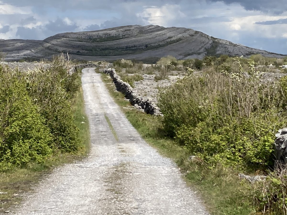 Narrow limestone lane running into the Burren hills in County Clare, the driving route in this Burren travel guide