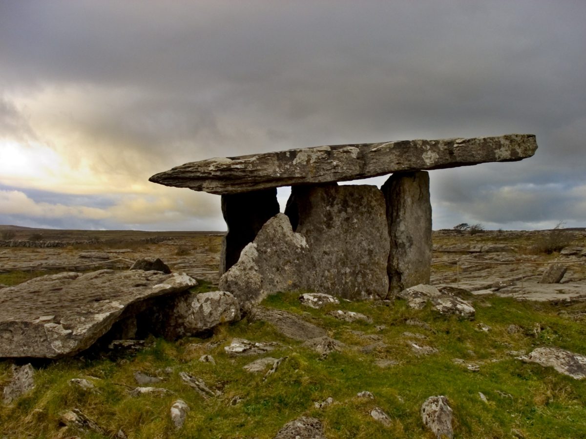 Poulnabrone Dolmen standing on cracked limestone in the Burren