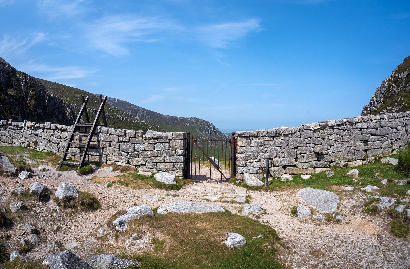 The dry-stone wall and gate at Hare's Gap in the Mourne Mountains