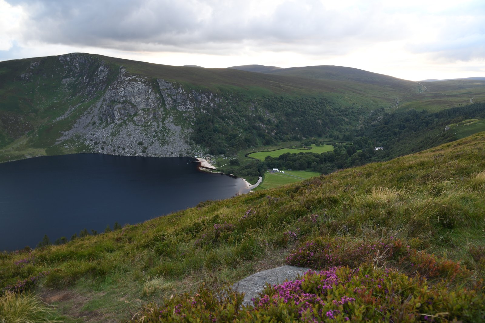 Lough Tay seen from a heather slope above in the Wicklow Mountains