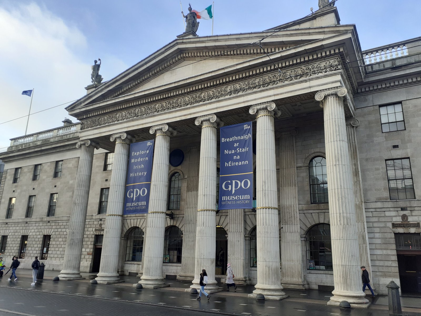 The columned facade of the GPO on O'Connell Street in Dublin