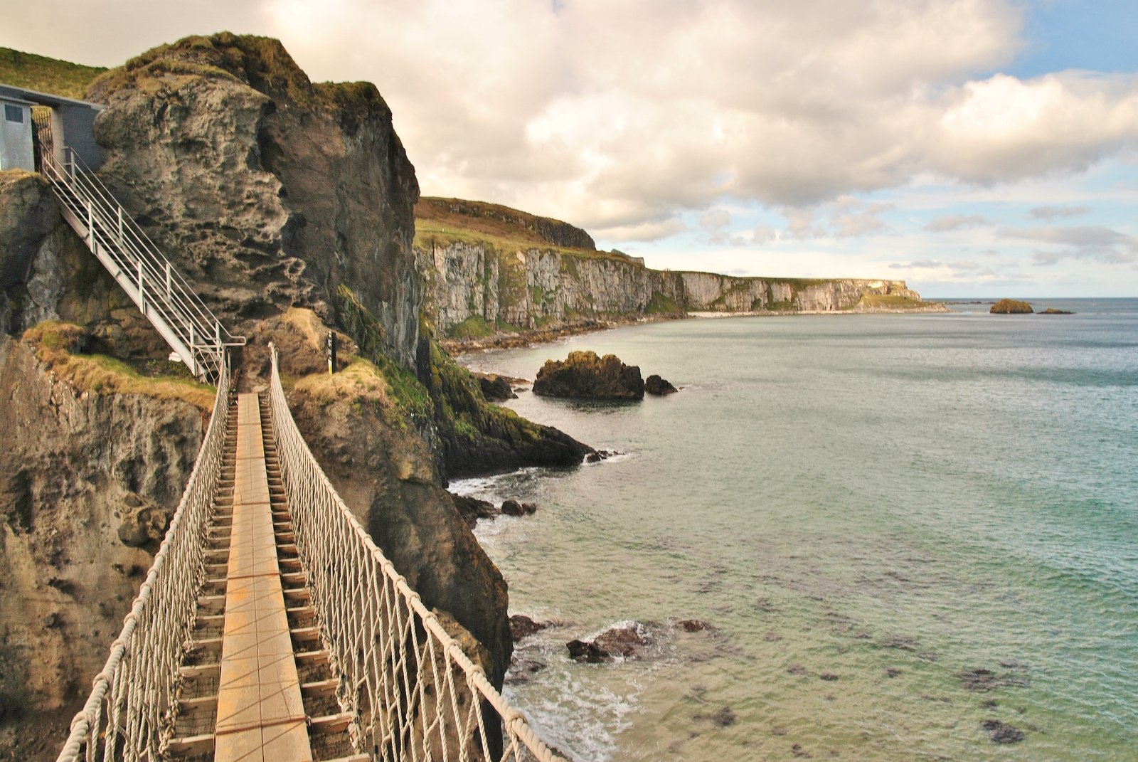 Carrick-a-Rede rope bridge stretching across the water to a small island