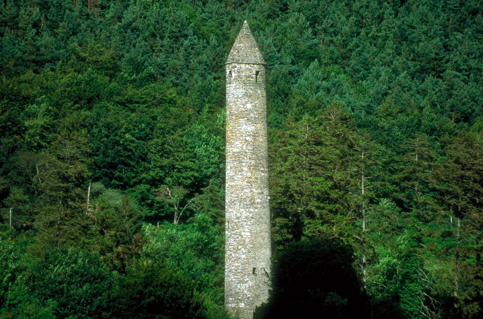 The round tower at Glendalough monastic site in the Wicklow Mountains