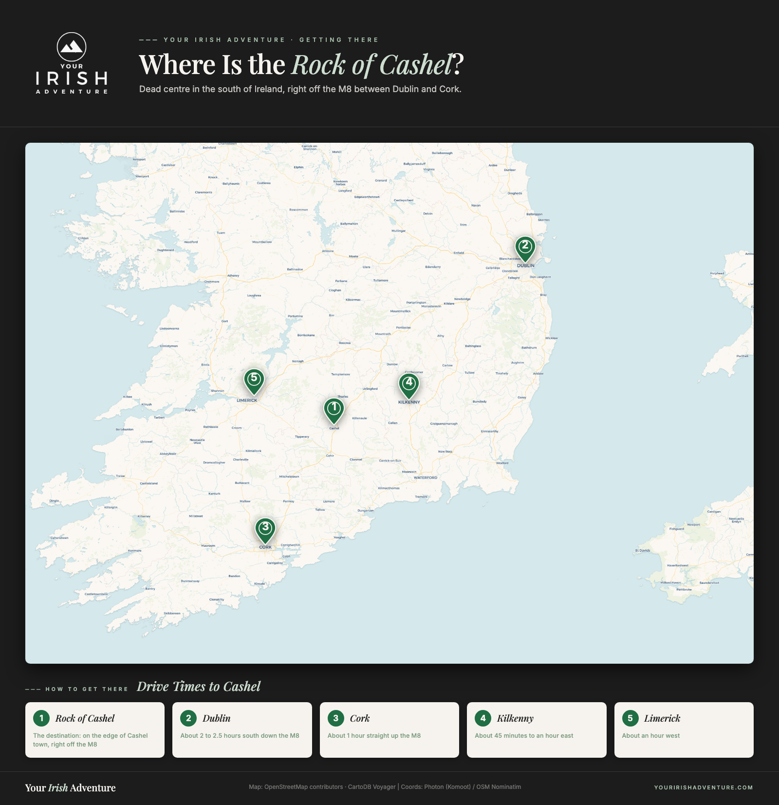 Map of Ireland showing the Rock of Cashel in County Tipperary with driving distances from Dublin, Cork, Kilkenny and Limerick