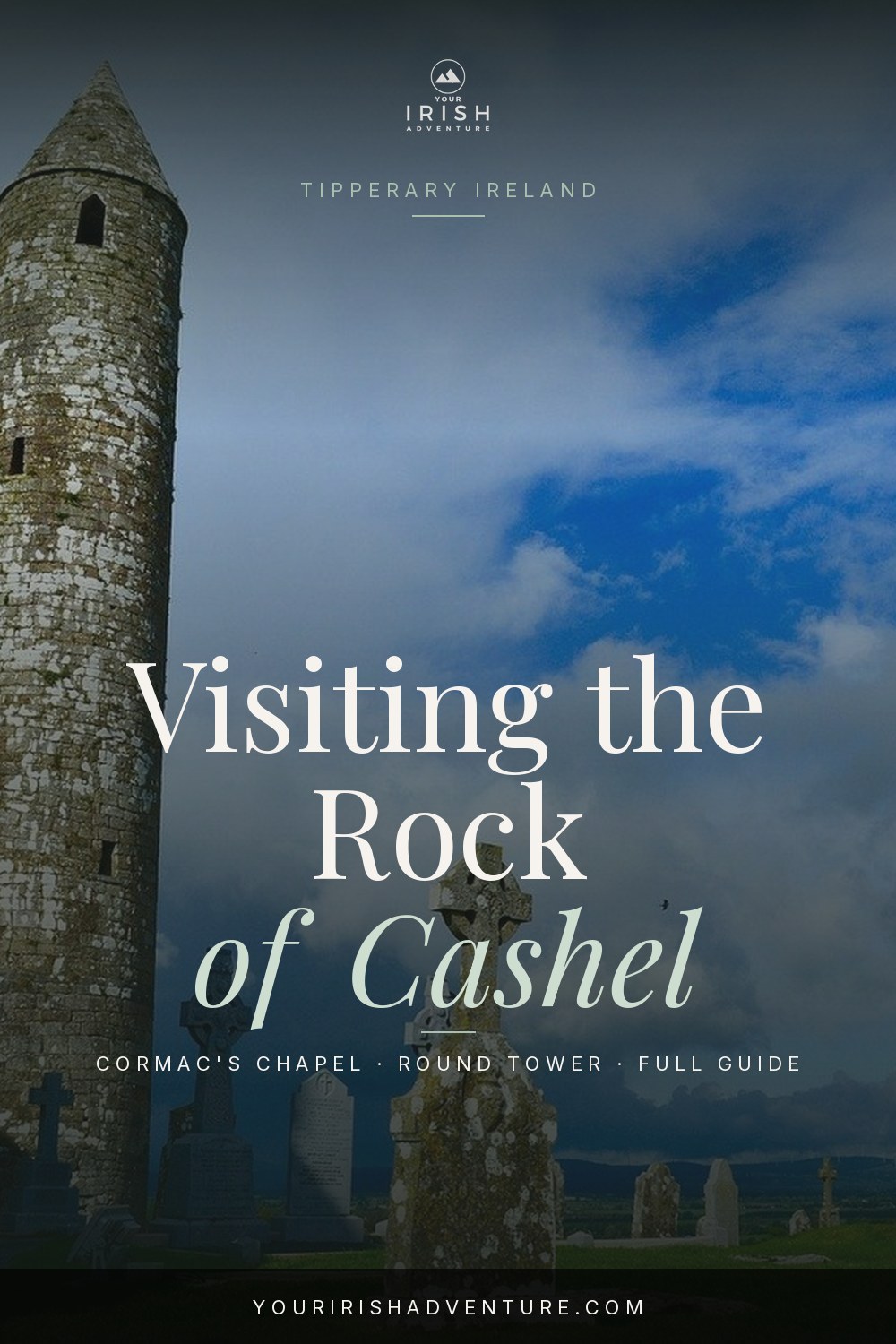 Celtic high cross and stone cathedral walls at the Rock of Cashel medieval site in Cashel Ireland