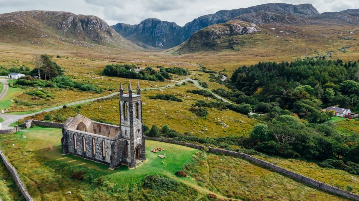 Ruined church below the Derryveagh Mountains in central Donegal