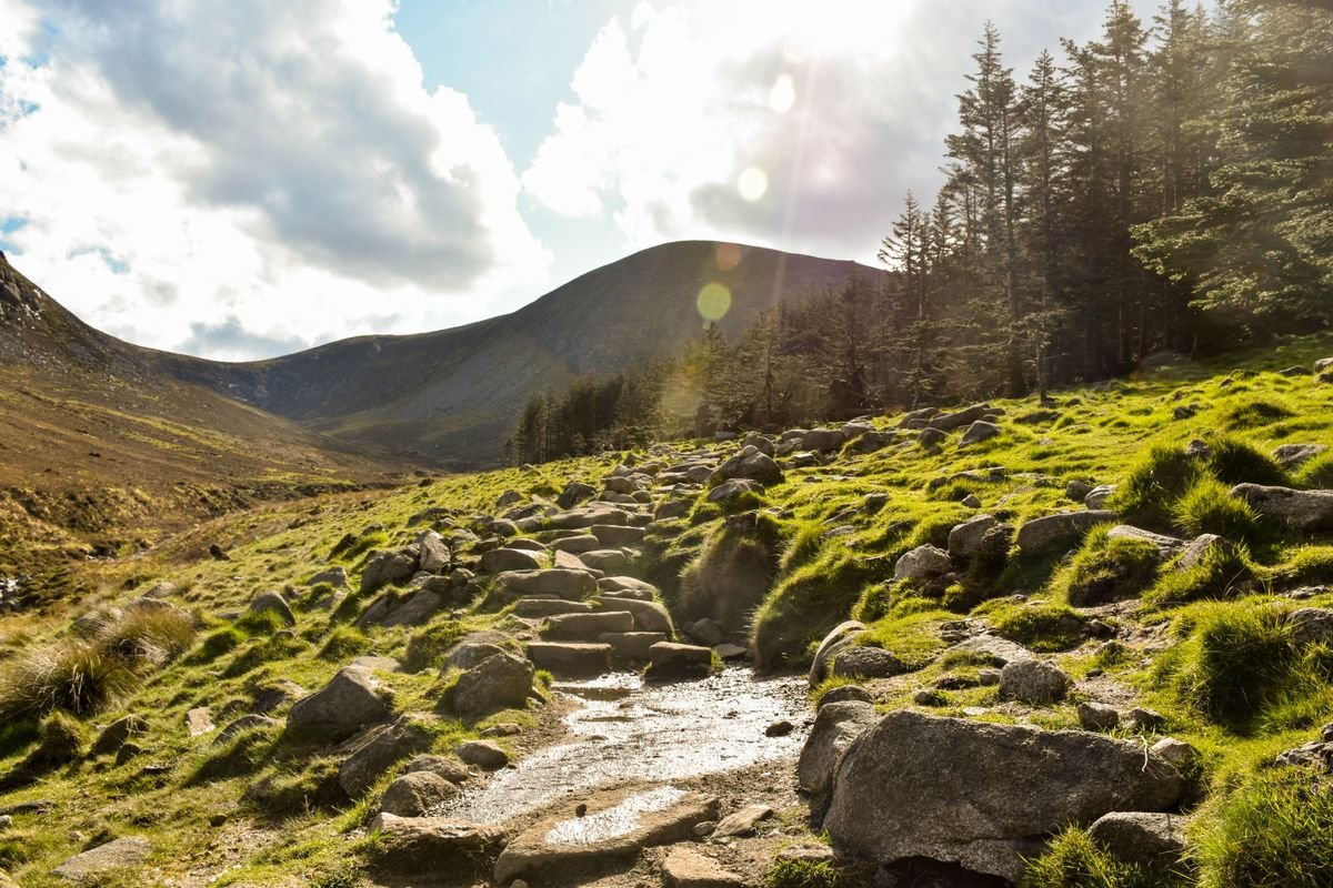 Rounded grassy peak and a rocky mountain stream in the Sperrins