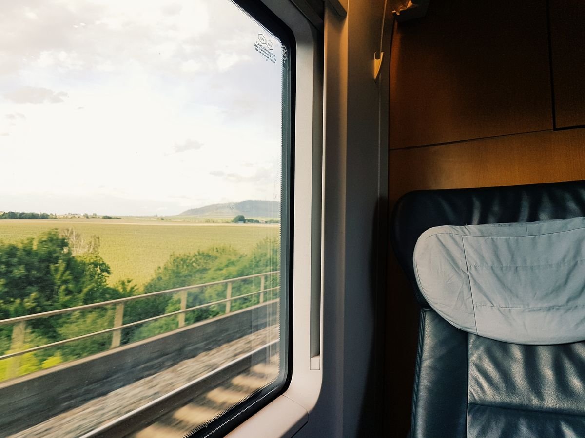 View of green countryside from a train window