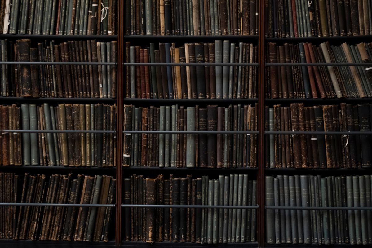 Dark oak shelves lined with old books in a historic library
