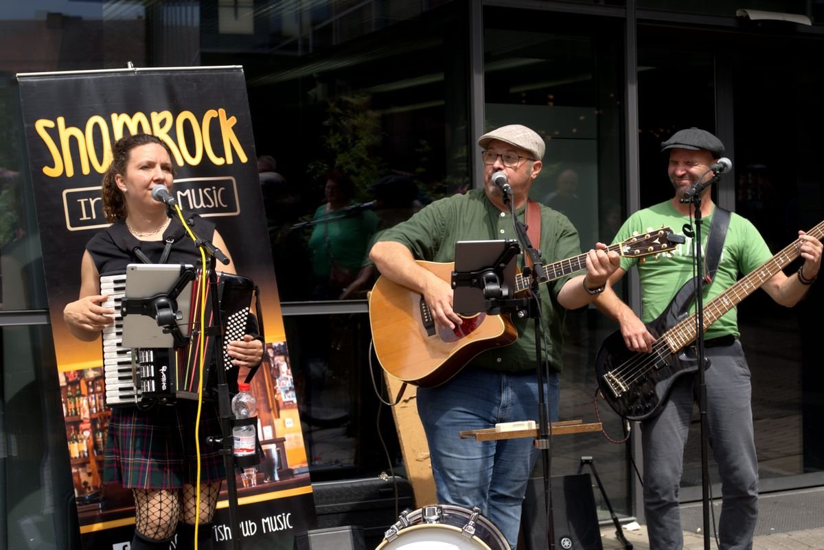 A live traditional Irish music session with guitar and instruments