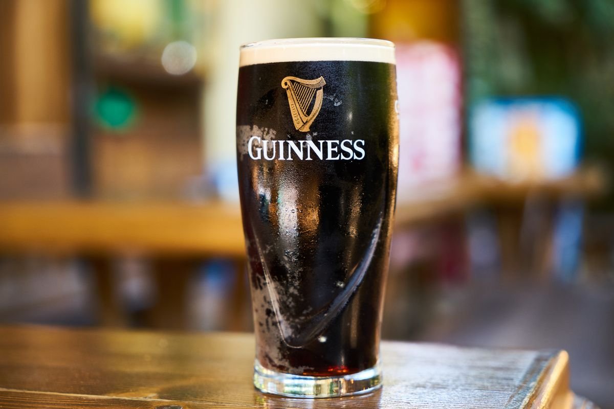 A properly poured pint of Guinness on a wooden bar