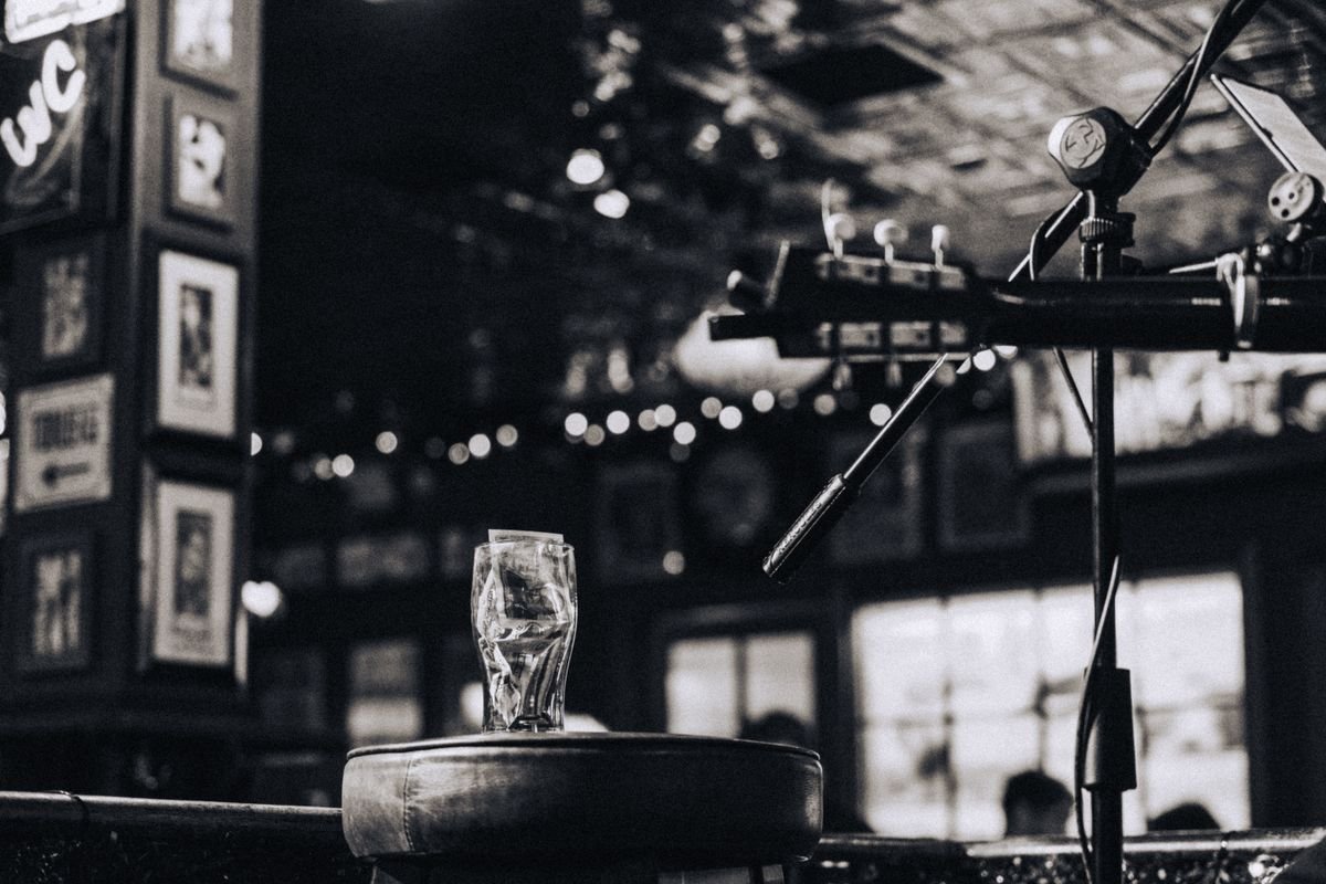 A guitar and mic set up for a live trad session in a Killarney pub