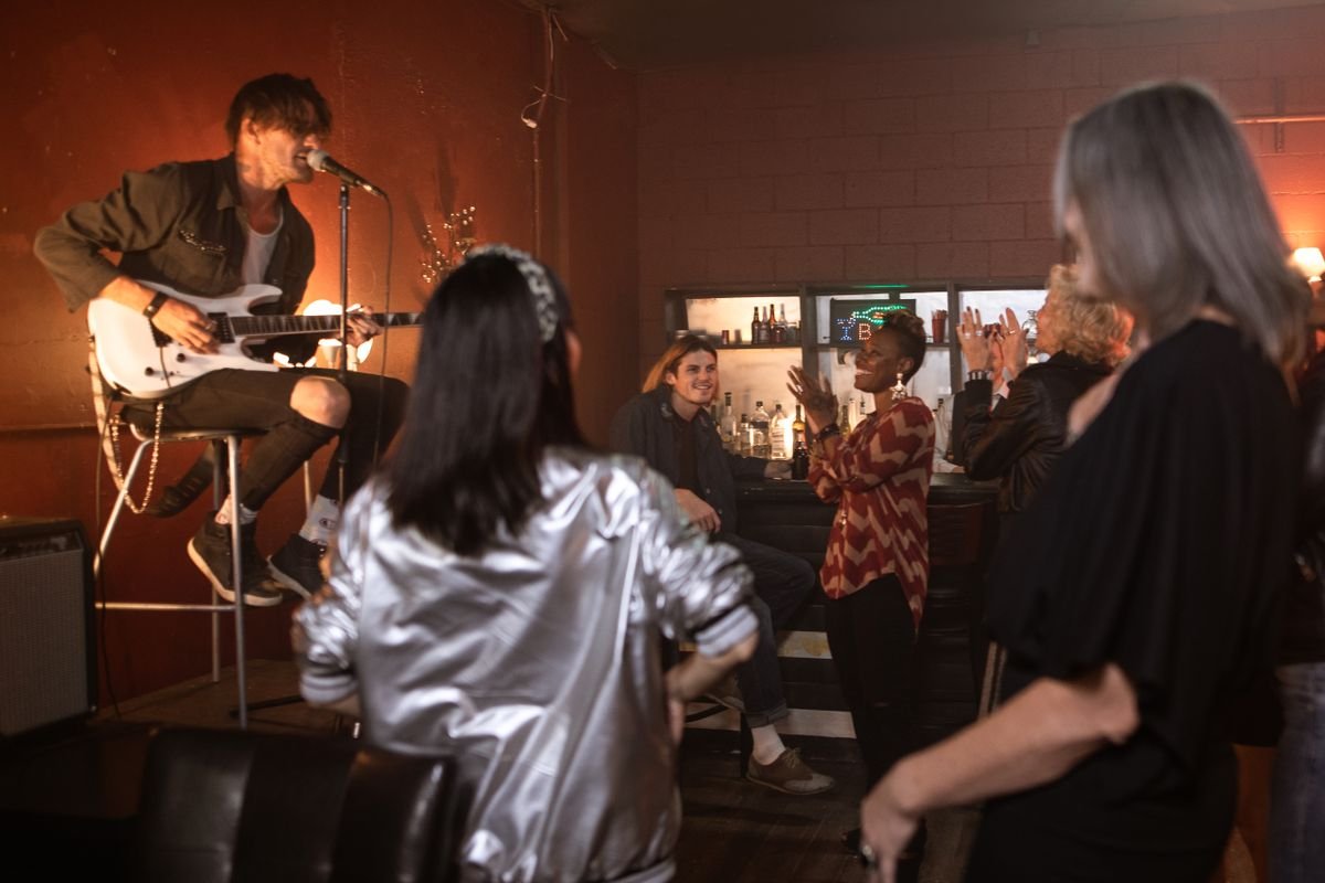 A live band playing to a packed crowd in a bar