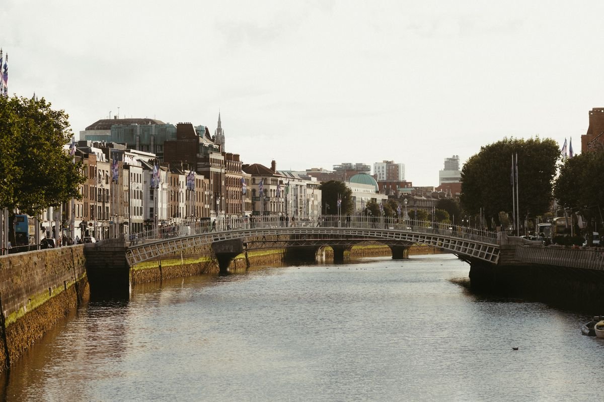 Dublin city along the River Liffey on a cloudy afternoon