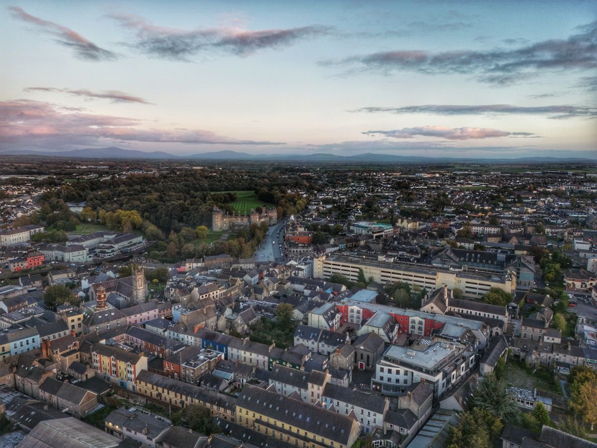 An aerial view of Kilkenny city with the castle