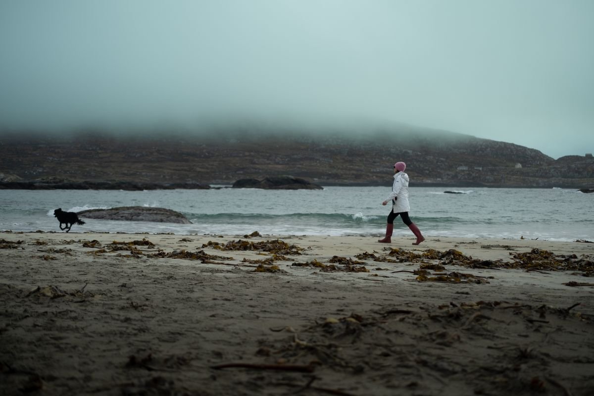 Person in a winter coat walking a dog on an empty misty beach
