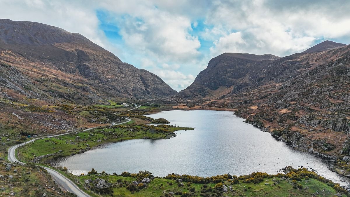 Aerial view of the Gap of Dunloe road and lakes