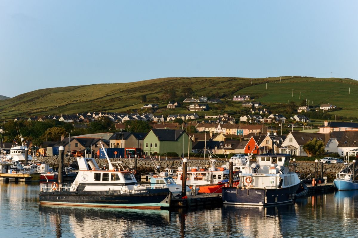 Fishing boats in Dingle harbour with the colourful town and green hill behind